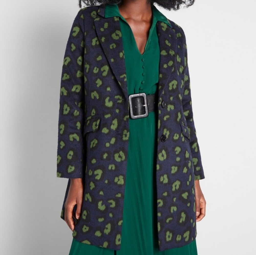 Modcloth Savvy Navy/ Green Leopard Coat XXS
